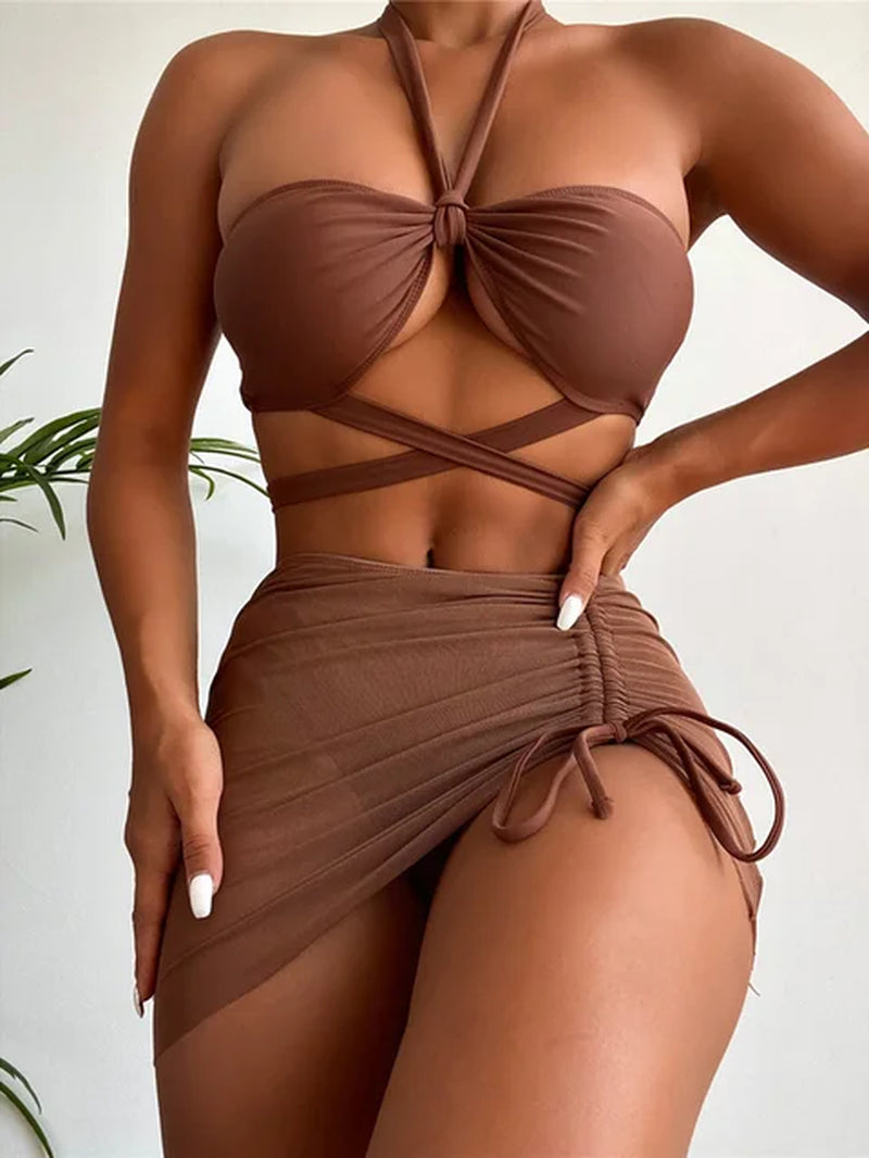 3 PCS with Skirt Halter Bikini Women Swimwear Female Swimsuit Three-Pieces Padded Bikini Set Bather Bathing Suit Swim Lady V3486